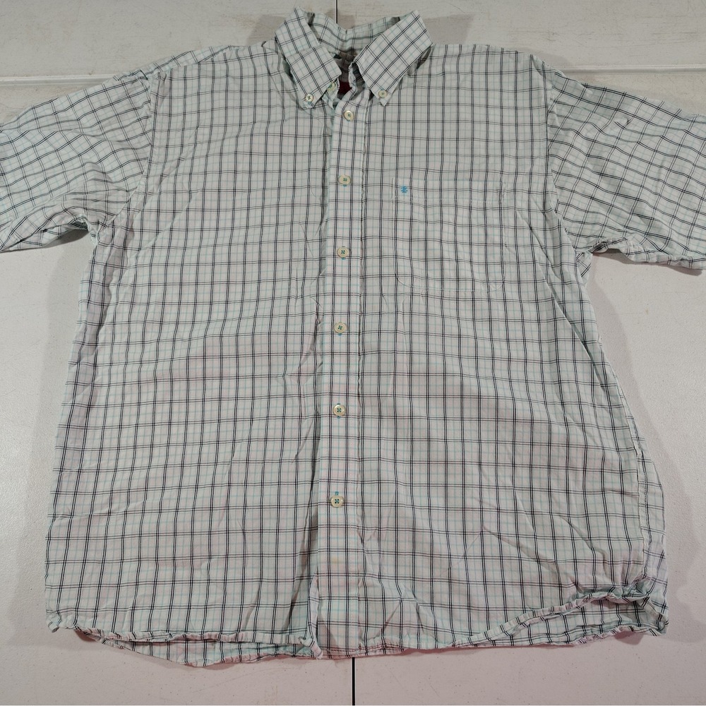 Izod Shirt Men L Blue/Black Plaid Office Work Dad Nerd Summer Short Sleeve Light